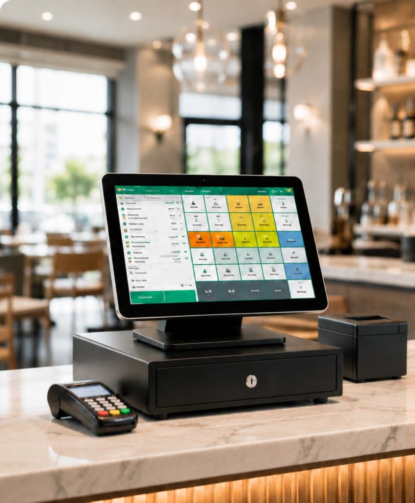Software TPV para hostelería con pantalla táctil, caja e impresora en restaurante